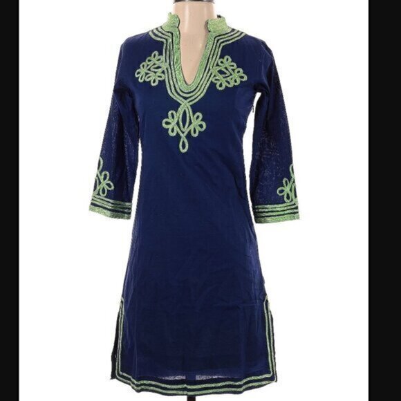 Gretchen Scott Dress womens XS Navy and Kelly Green Trim Tunic Dress - Picture 2 of 10